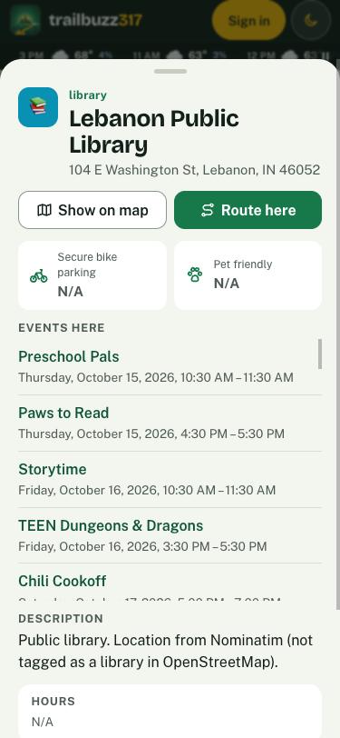 A library’s details with See it on the map and Route here buttons, secure bike parking and pet friendly facts, and a list of events held there.