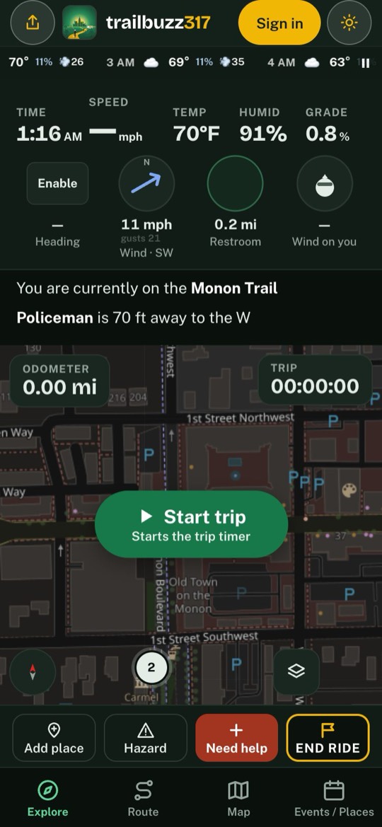 The Explore screen in night mode, with dark panels and light text over a dimmed map.