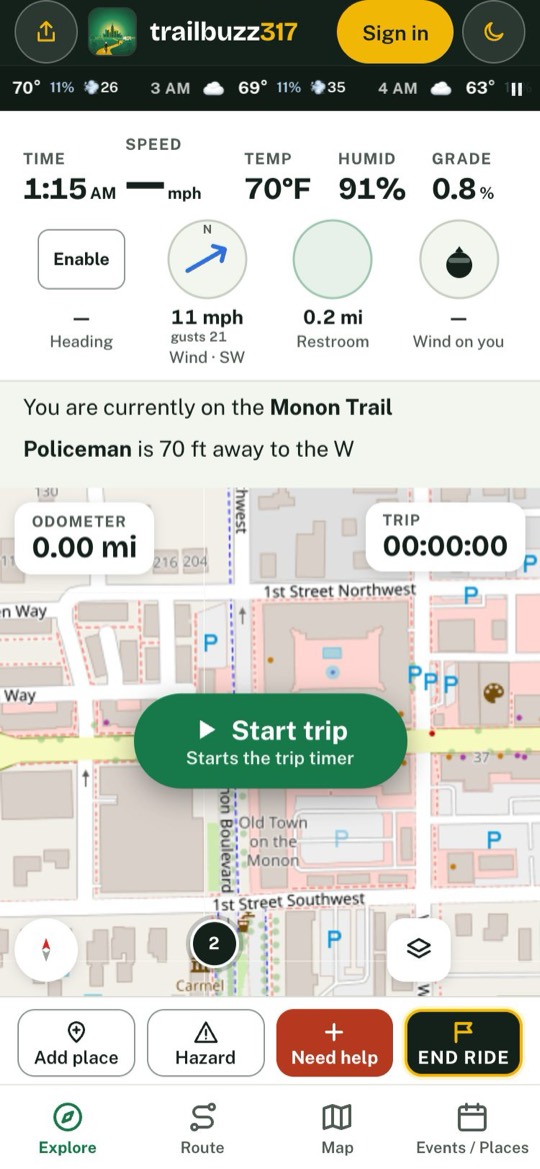 The Explore screen: time, speed, temperature, humidity and grade along the top, heading, wind and restroom dials, the map with Odometer and Trip readouts, a green Start trip button, and Add place, Hazard, Need help and End ride buttons.