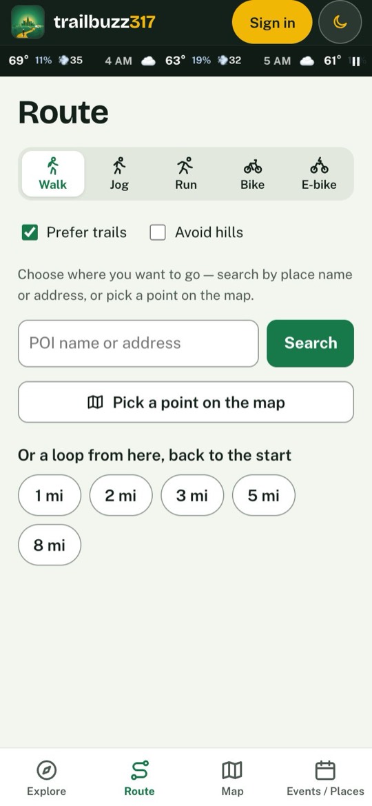 The Route tab: Walk, Jog, Run, Bike and E-bike choices, Prefer trails and Avoid hills checkboxes, a place search, Pick a point on the map, and loop distance chips.