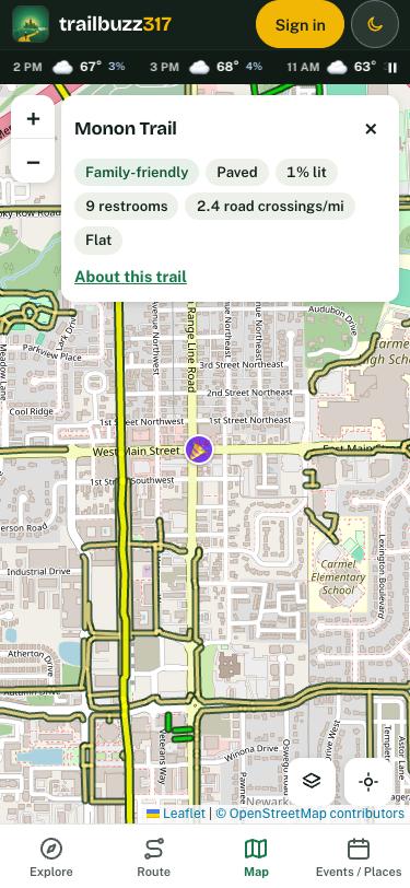 The Monon Trail’s facts: Family-friendly, Paved, 1% lit, 9 restrooms, 2.4 road crossings per mile, Flat, and a link to its trail page.